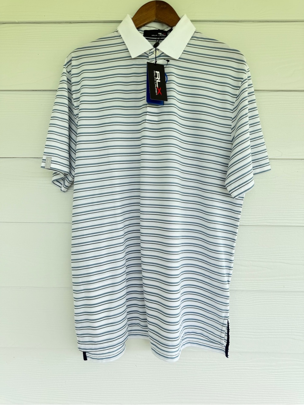 RLX Ralph Lauren Golf Polo Shirt Striped White Blue Green Large NWT